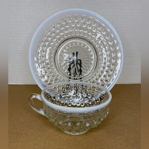 Vtg Fenton Hobnail Clear/White Opalescent Glass Teacup and Saucer Moonstone